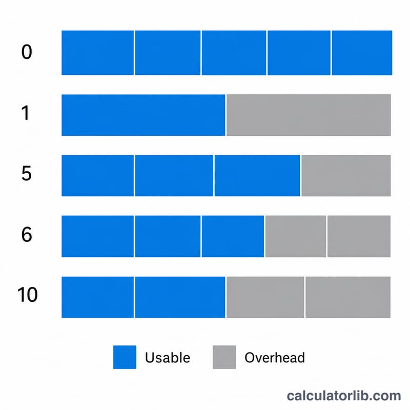 Bar comparison of usable versus overhead capacity for RAID 0, 1, 5, 6 and 10
