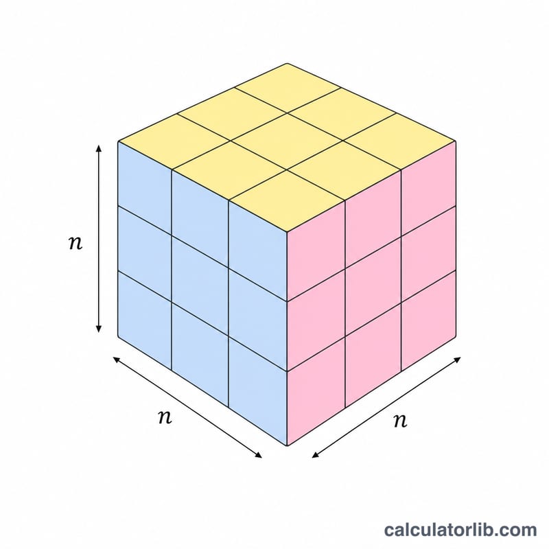 A cube built from unit cubes showing edge length n and volume n cubed