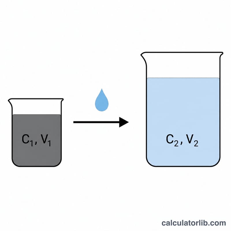 Beaker of concentrated solution being diluted into a larger beaker with added solvent