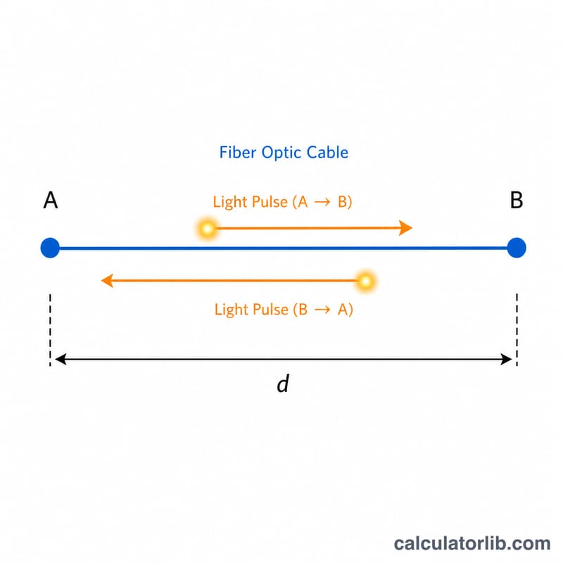 Diagram showing light signal traveling through fiber optic cable between two cities, with round trip path