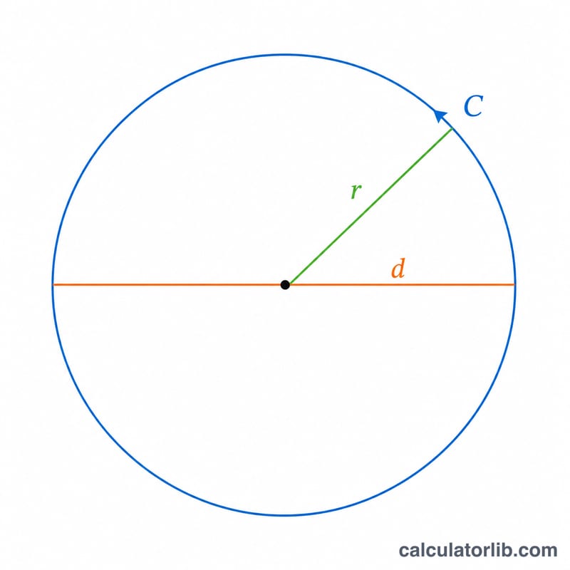 Circle showing radius, diameter, and circumference labeled with symbols