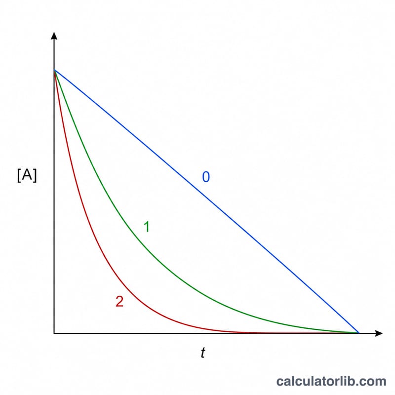 Concentration versus time curves for zero, first, and second order reactions