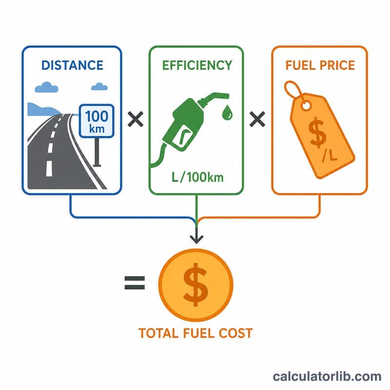Diagram of fuel cost formula combining distance, fuel efficiency, and fuel price