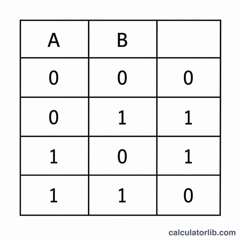 XOR 真值表，显示 0 XOR 0 = 0、0 XOR 1 = 1、1 XOR 0 = 1、1 XOR 1 = 0