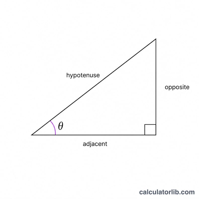 Right triangle with angle theta, labeled opposite, adjacent, and hypotenuse sides