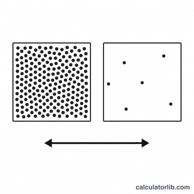 Two equal-size boxes, one with tightly packed dots and one with sparse dots, showing high versus low density