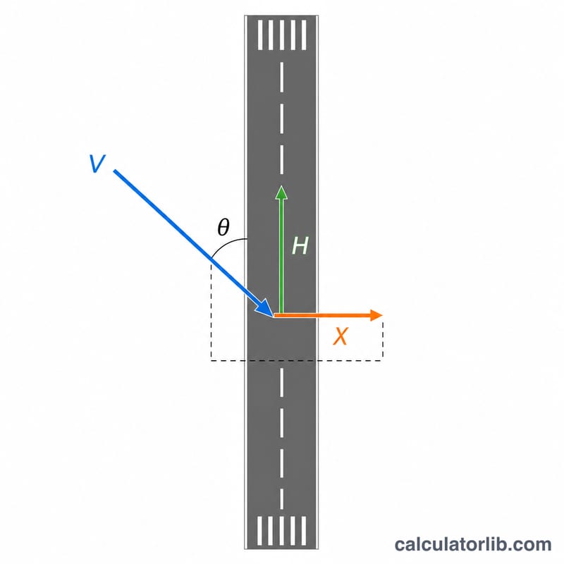 Runway with wind vector split into headwind and crosswind components