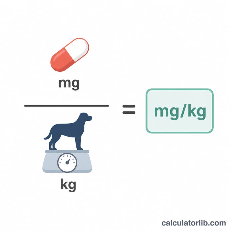 Flat diagram showing total milligrams divided by dog weight in kilograms equals dose in mg per kilogram