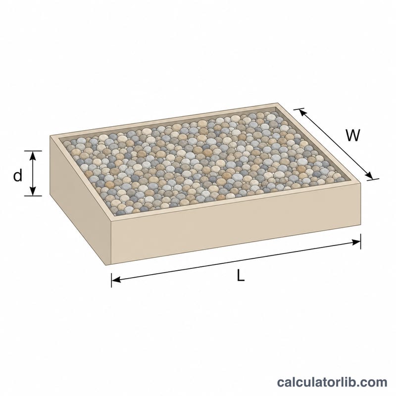 Rectangular gravel area with length, width and depth labeled
