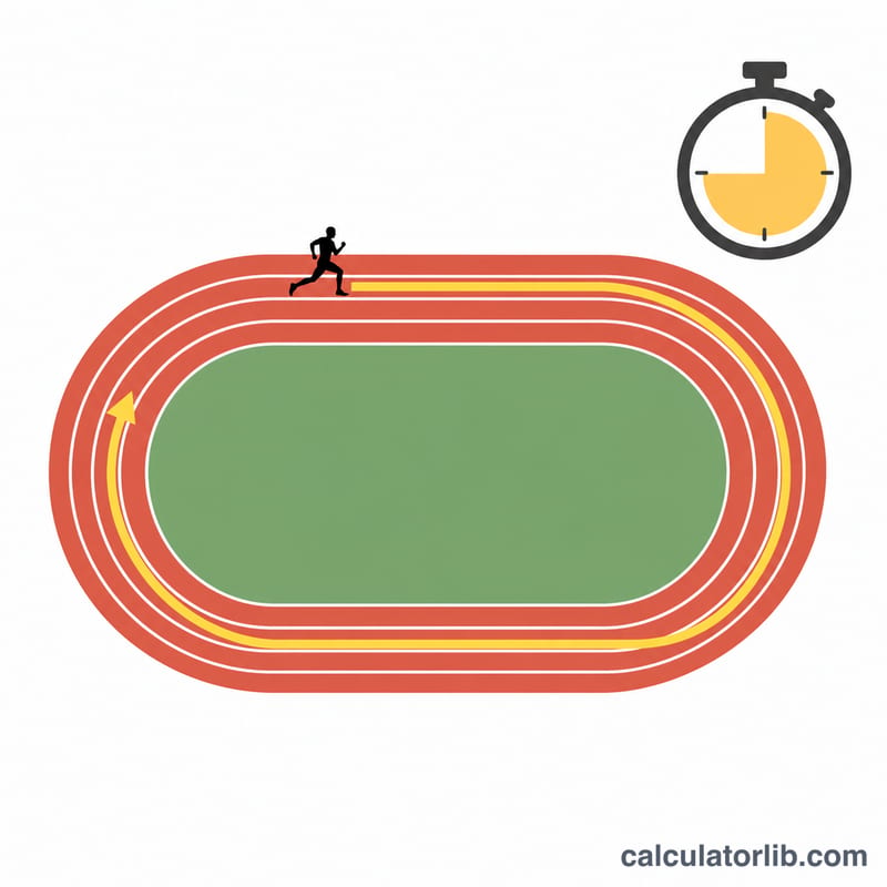 Runner on an oval track with a 12-minute stopwatch and distance arrow
