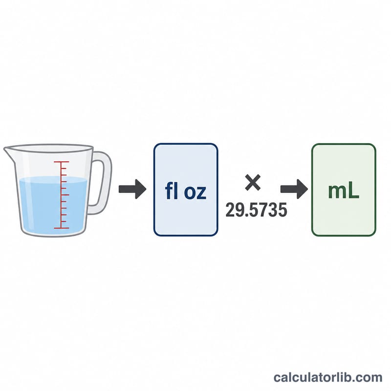 Diagram showing fluid ounces converting to milliliters by multiplying by 29.5735