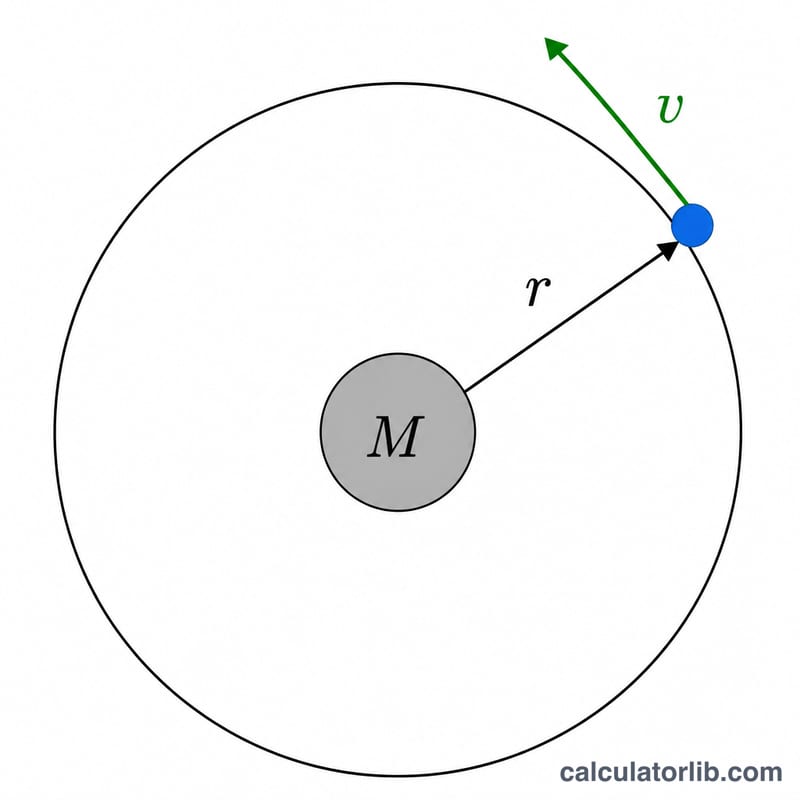 Diagram of a satellite orbiting a central body with radius and velocity vector labeled
