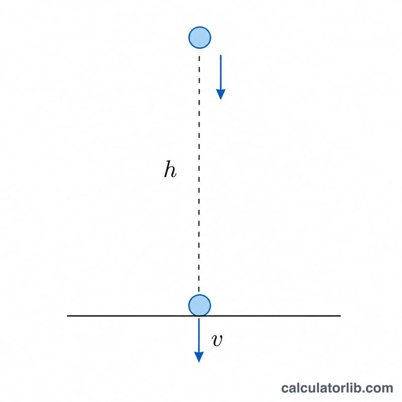 Object falling from a height h converting potential energy into kinetic energy and impact velocity