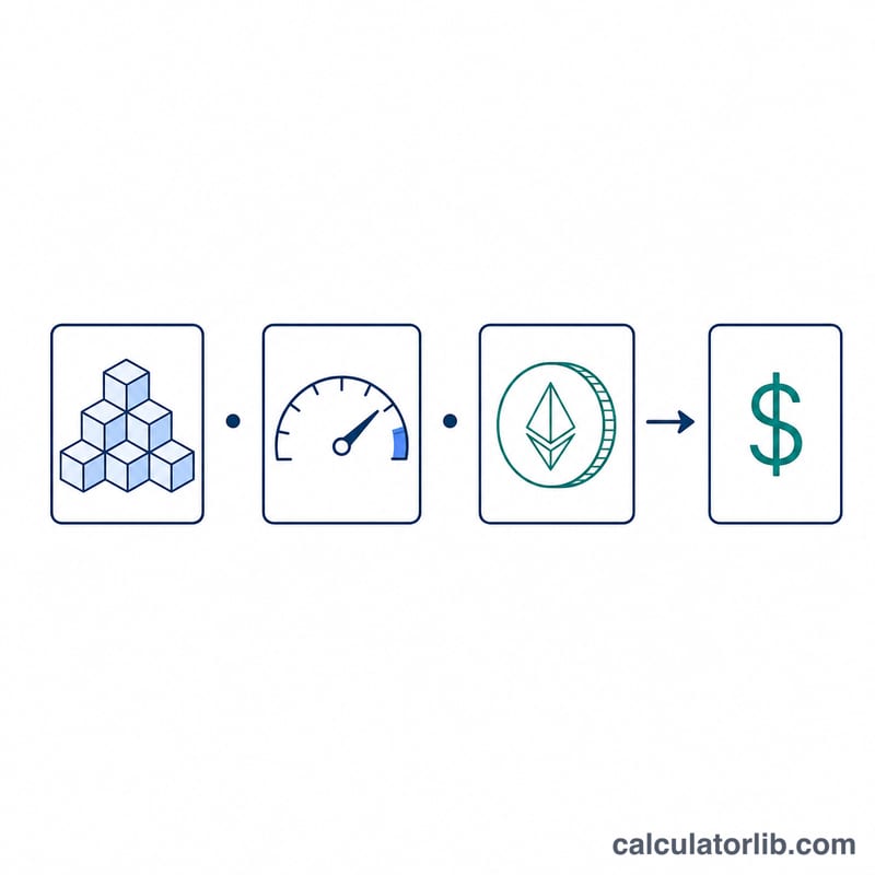 Diagram of gas units times gas price times ETH price producing a fee in dollars