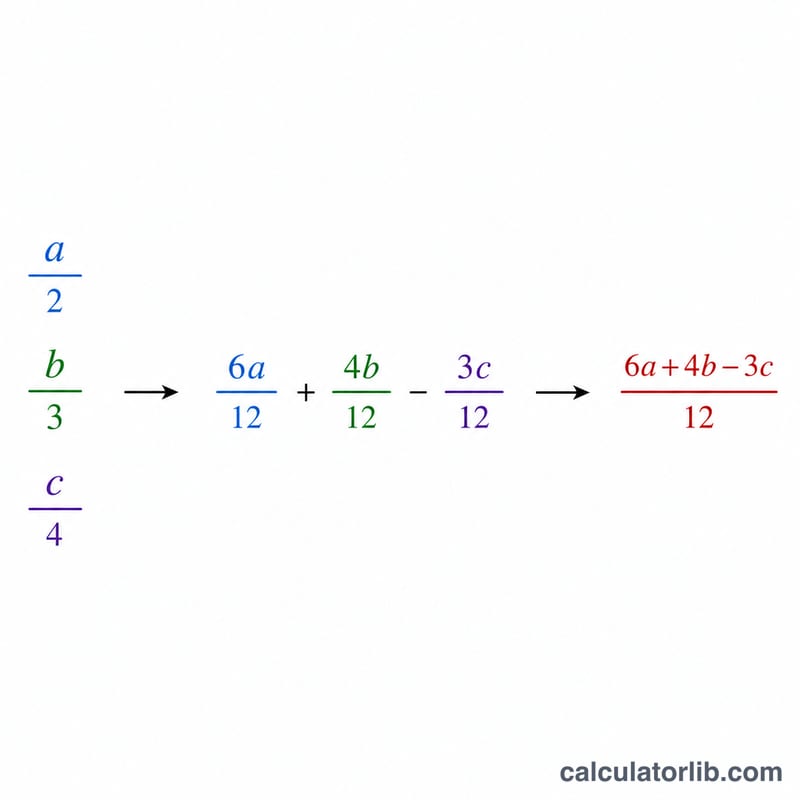 Three fractions converted to a common denominator and combined into one fraction
