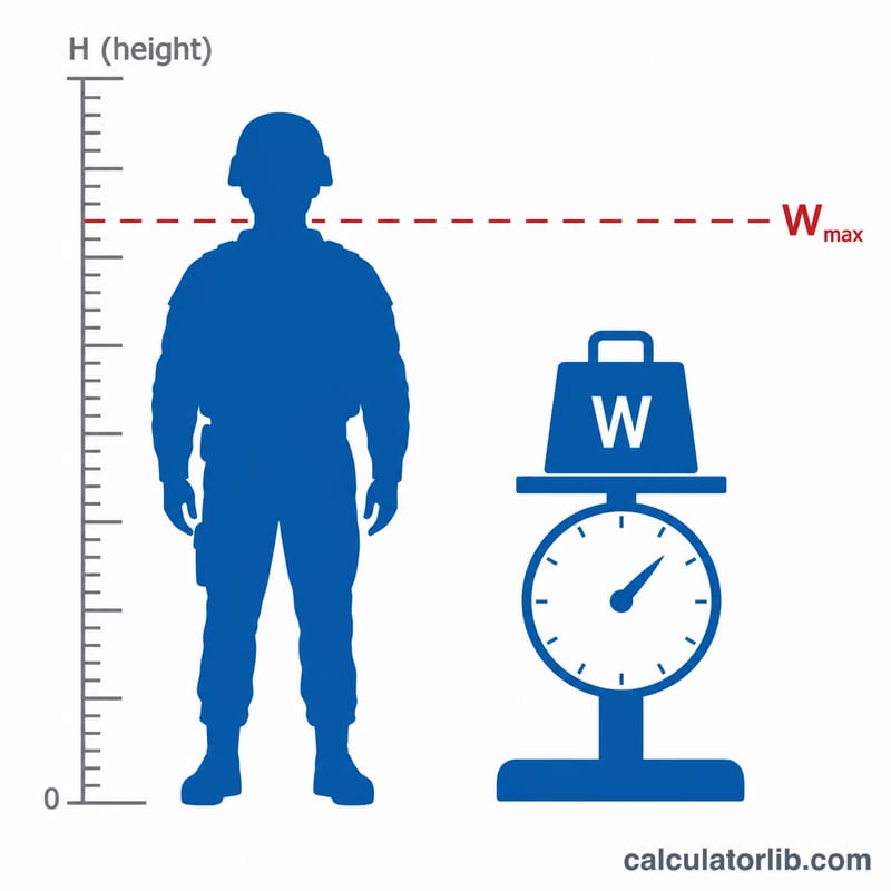 Soldier silhouette next to a height ruler and a weight scale with a screening limit threshold