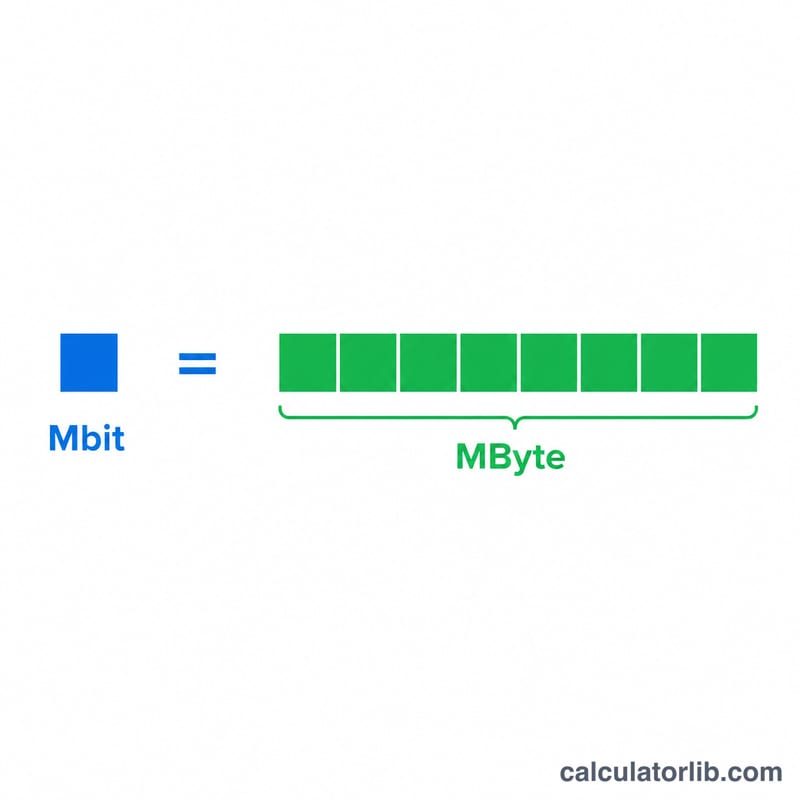 One megabyte equals eight megabits shown as eight grouped squares