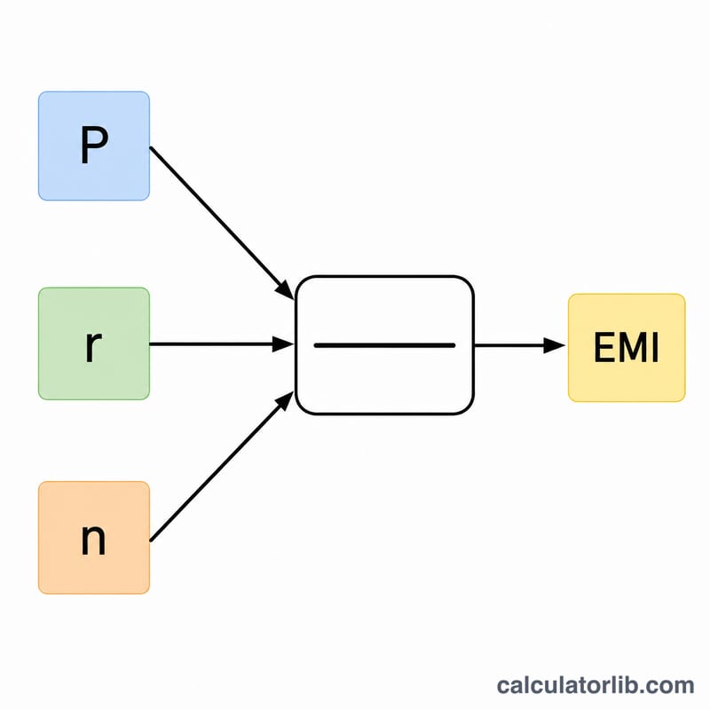 Diagrama de la fórmula de la cuota fija que muestra el capital, la tasa de interés mensual y el número de meses combinándose en un pago mensual fijo
