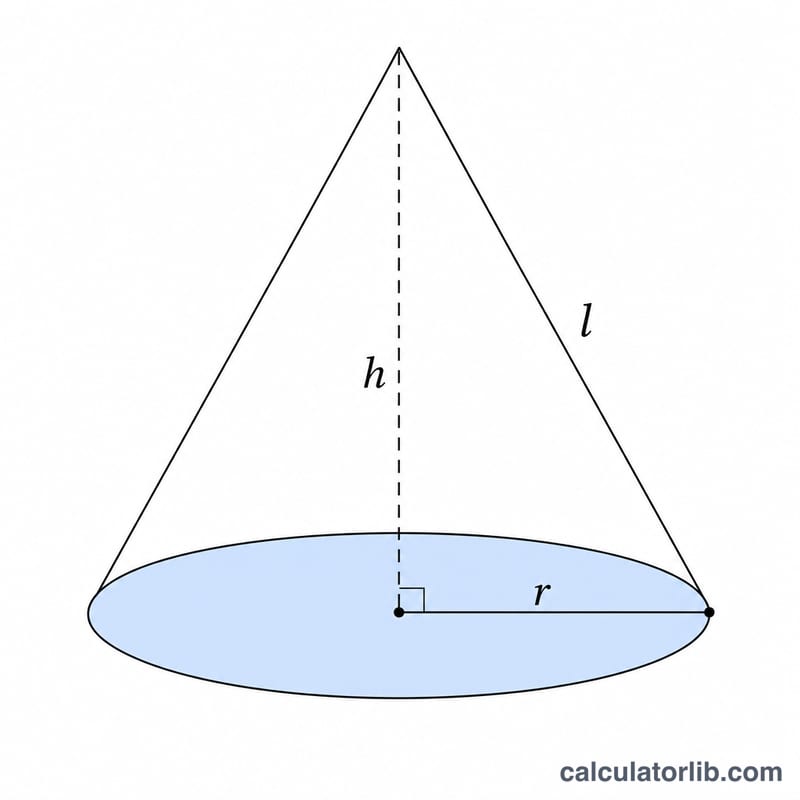 Cone diagram showing base radius, height, and slant height