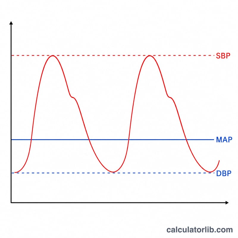 Diagram of an arterial pressure waveform showing systolic peaks, diastolic troughs and the mean arterial pressure line over one cardiac cycle