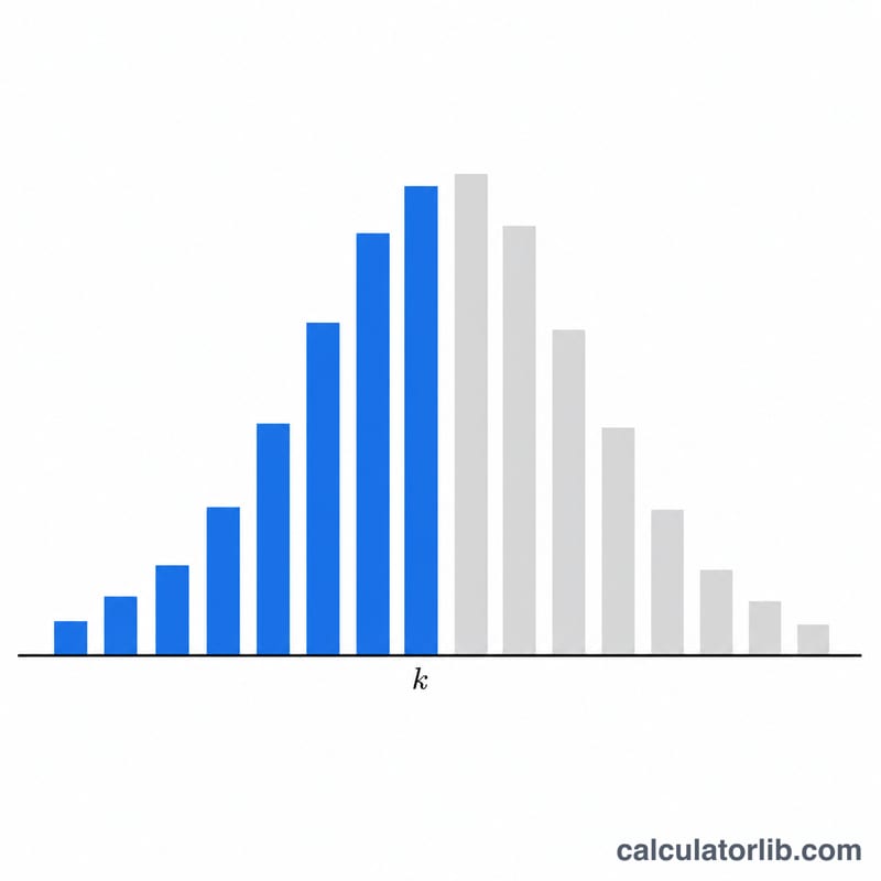 Bar chart of a binomial distribution with bars up to k shaded to show cumulative probability