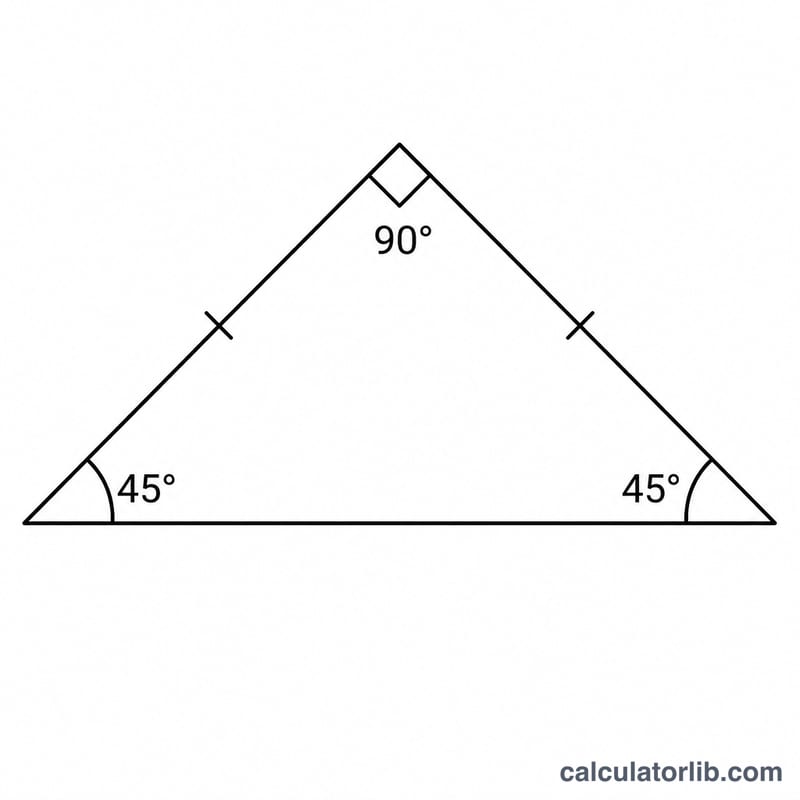 Right triangle with two 45 degree angles and one 90 degree angle, two equal legs and a hypotenuse