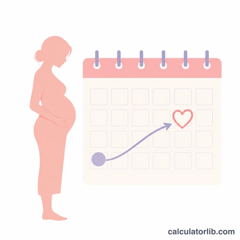 Pregnant person silhouette with a calendar countdown and a stork carrying a bundle, marking a due date