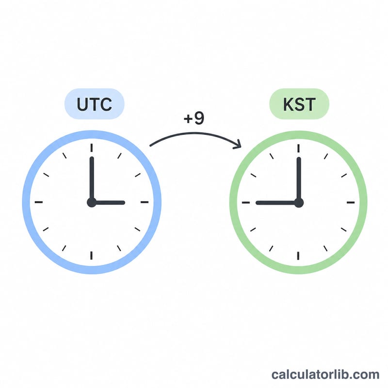 Globe diagram showing UTC and KST time zones with a +9 hour offset arrow