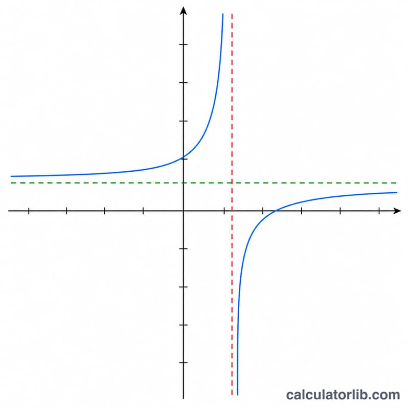 Rational function curve approaching a vertical dashed line and a horizontal dashed line