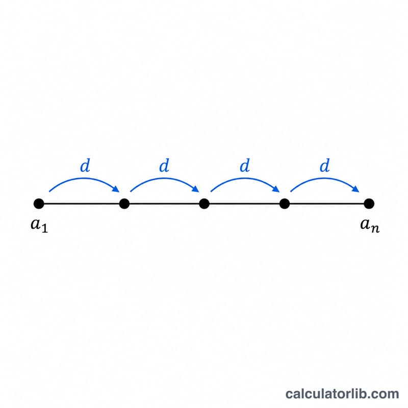 Arithmetic sequence on a number line with equal gaps labeled d between consecutive terms