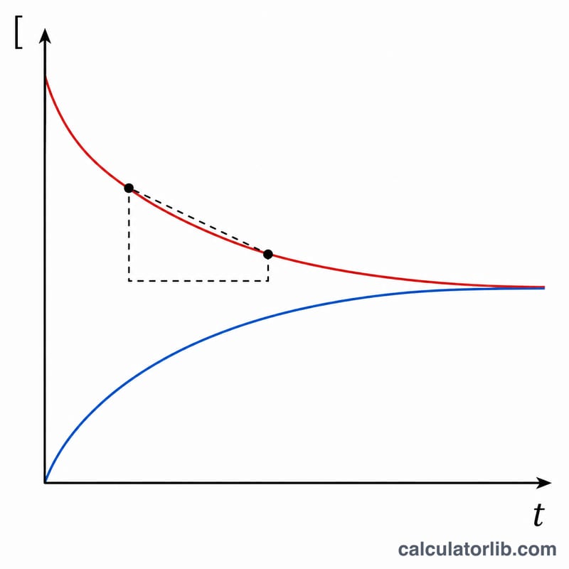 Concentration versus time graph showing a reactant curve decreasing and a product curve increasing