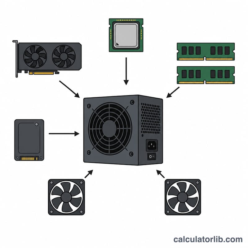 Diagrama plano de componentes del PC que envían energía a una fuente de alimentación