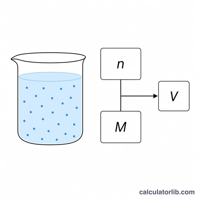 Diagram showing volume equals moles divided by molarity with a beaker of solution