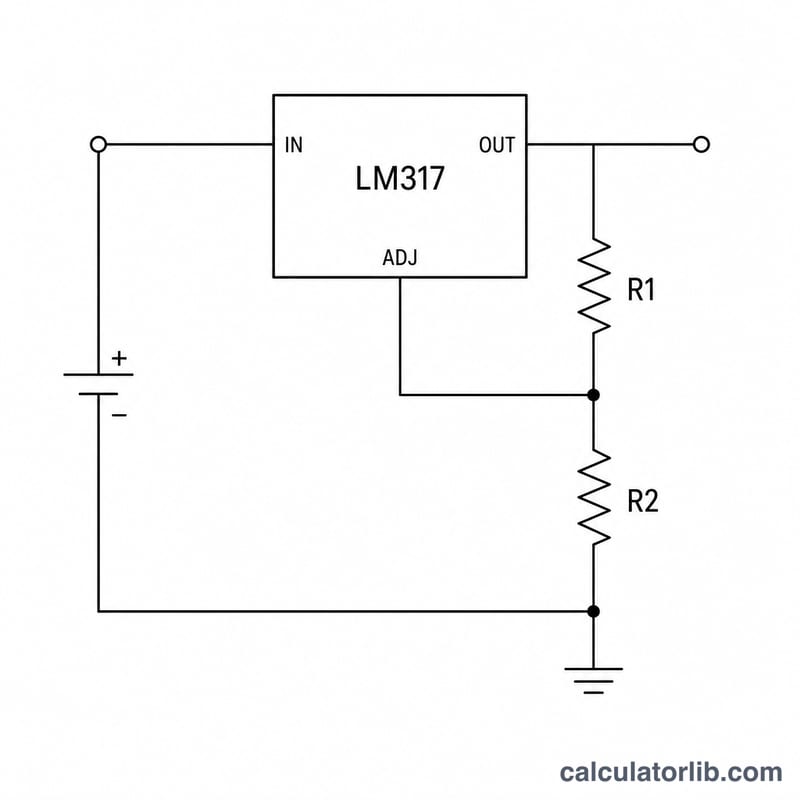 Circuit du régulateur de tension LM317 avec entrée, sortie, broche de réglage et résistances R1 et R2