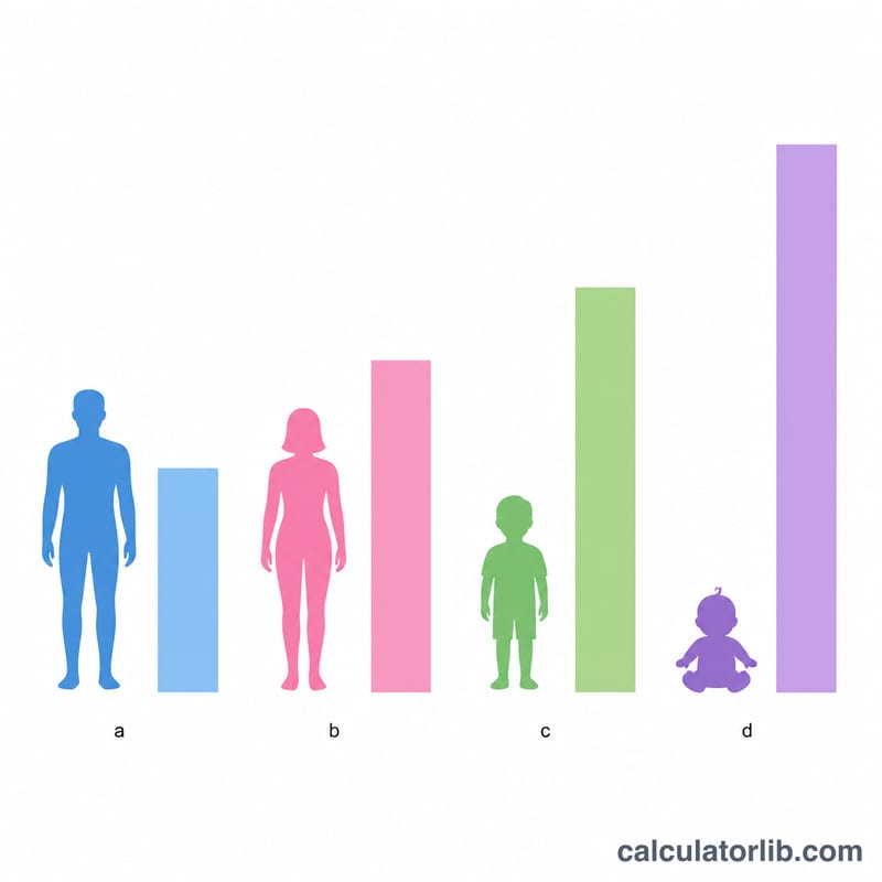 Comparison of blood volume per kilogram for adult male, female, child and infant