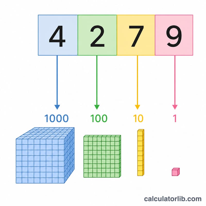 Place value breakdown of a multi-digit number into thousands, hundreds, tens and ones