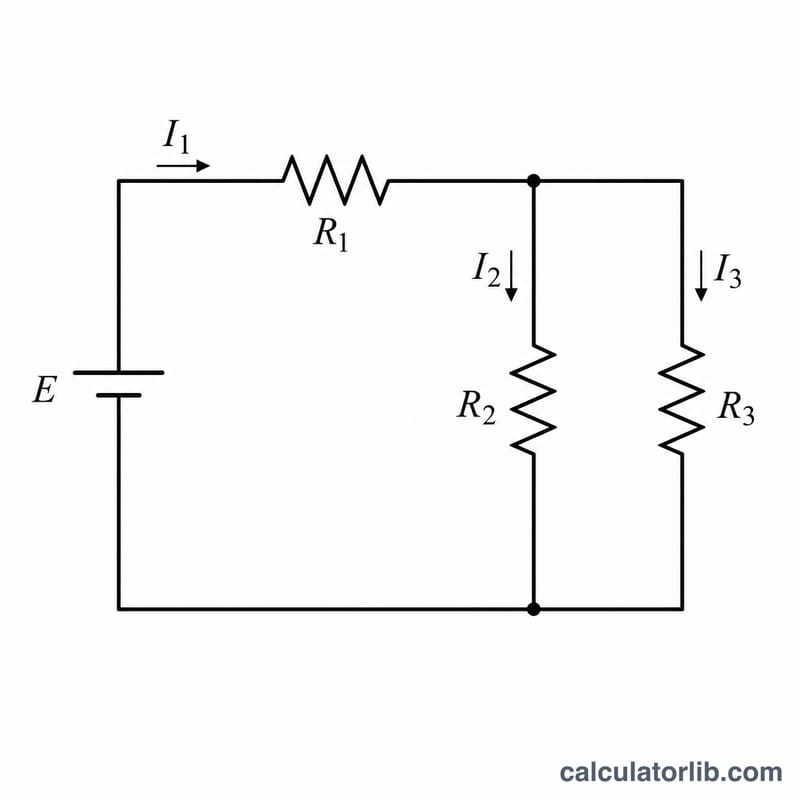 Schematic of a DC circuit with one EMF source, R1 in series feeding R2 and R3 in parallel