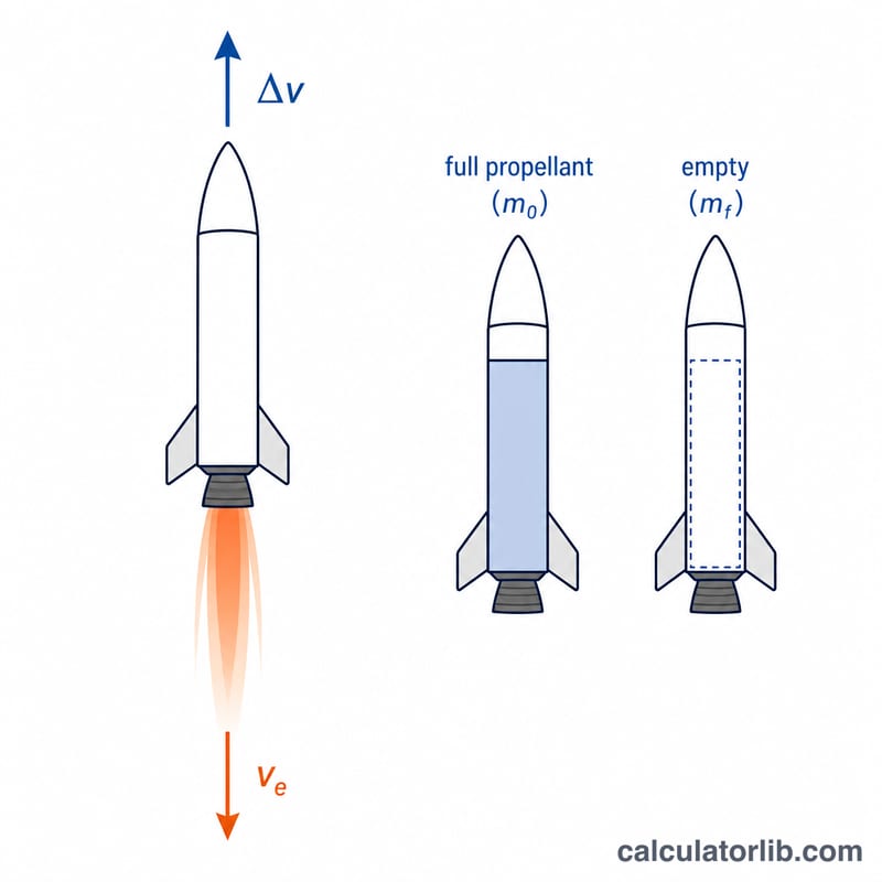 Rocket with delta-v arrow up and exhaust velocity arrow down, plus full and empty mass states