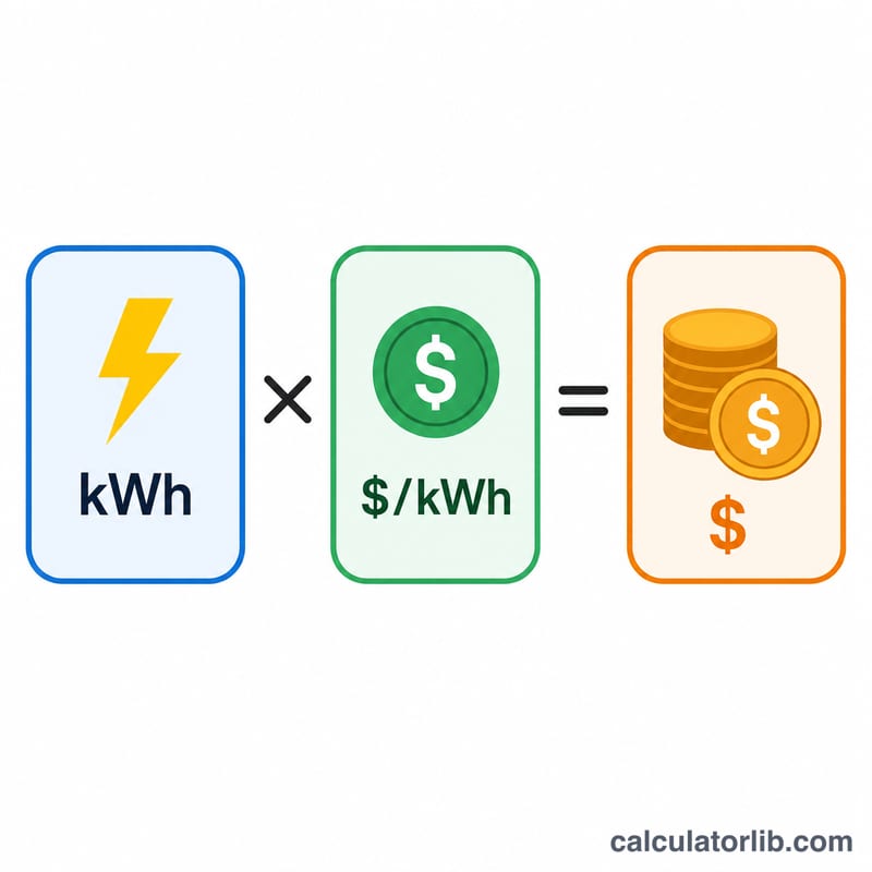 Diagrama que muestra kWh multiplicado por el precio por kWh igual al costo total