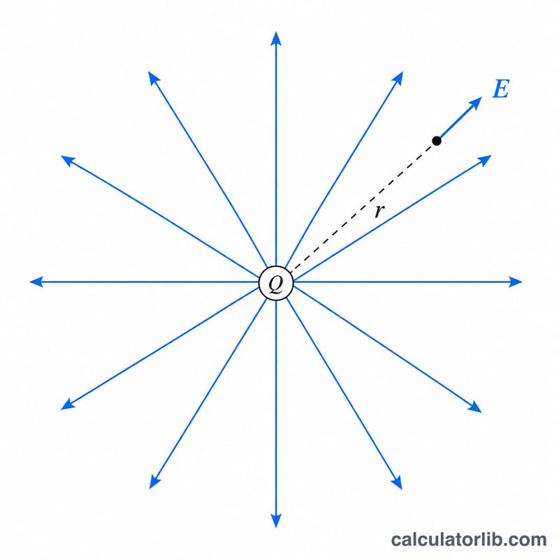 Point charge Q with radial electric field lines and a test point at distance r