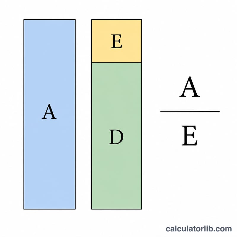 Balance sheet split into total assets equal to debt plus equity, with assets over equity ratio