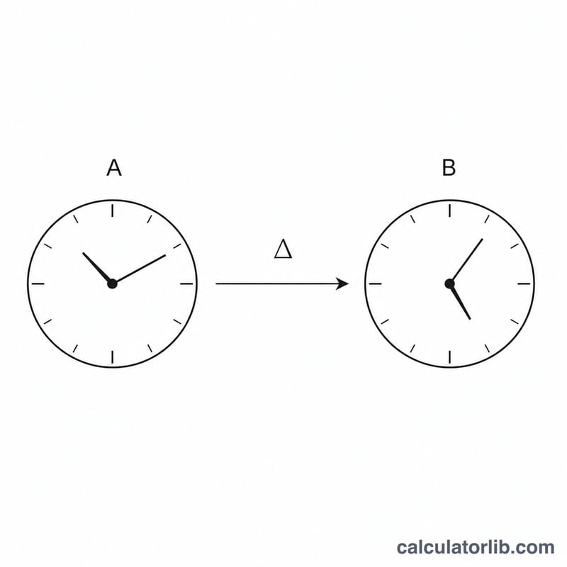 Two clock faces connected by an arrow showing a time offset shift between zones