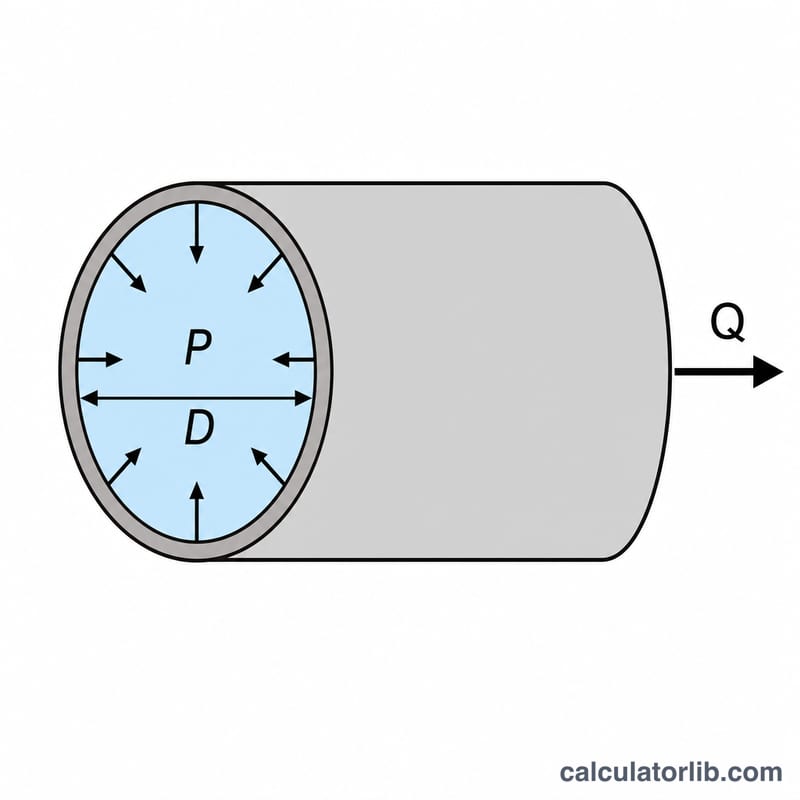 Cross-section of a pipe showing pressure pushing water through a circular area of diameter D, with flow exiting as a velocity arrow