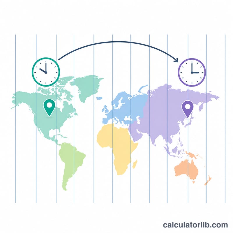 World map split into vertical time zone bands with two clocks at two cities connected by an arrow