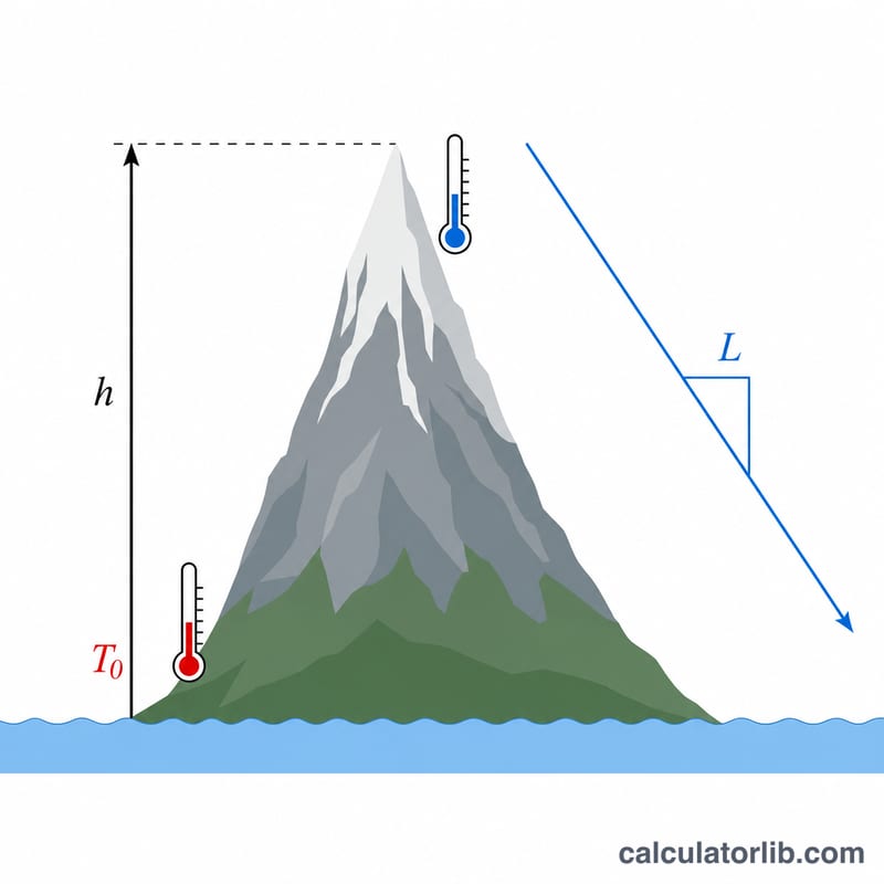 Diagram showing temperature decreasing with altitude along a mountain, with base temperature T0, height h and lapse rate L