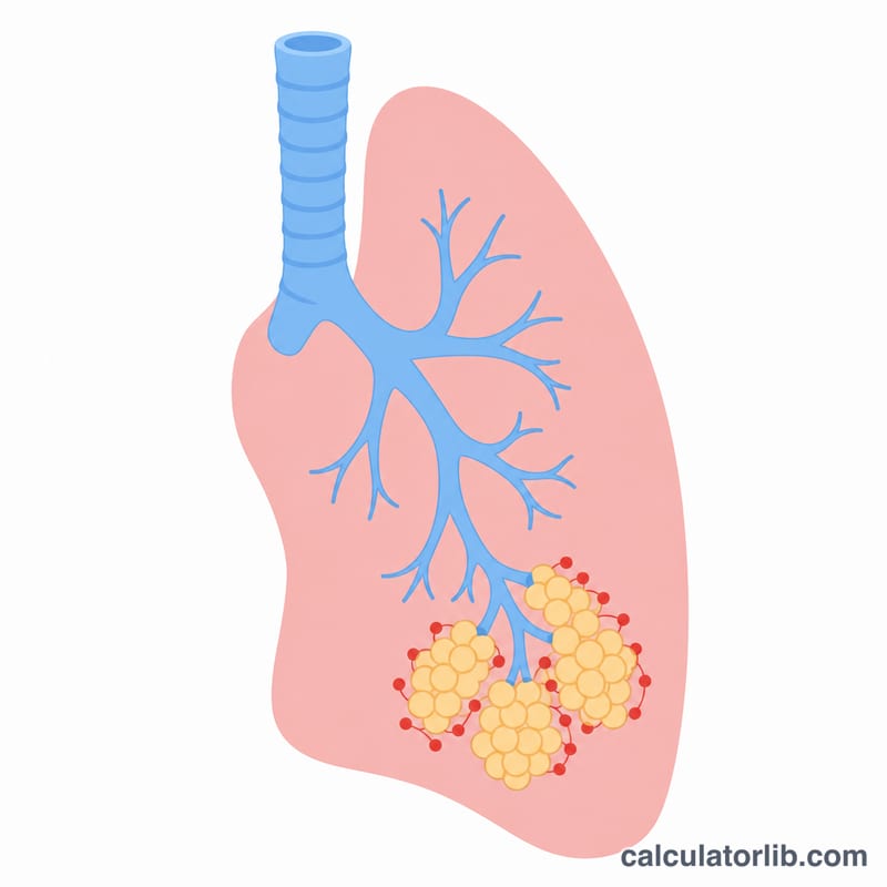 Diagram of lung airways and alveoli showing conducting airway dead space and gas-exchanging alveolar regions