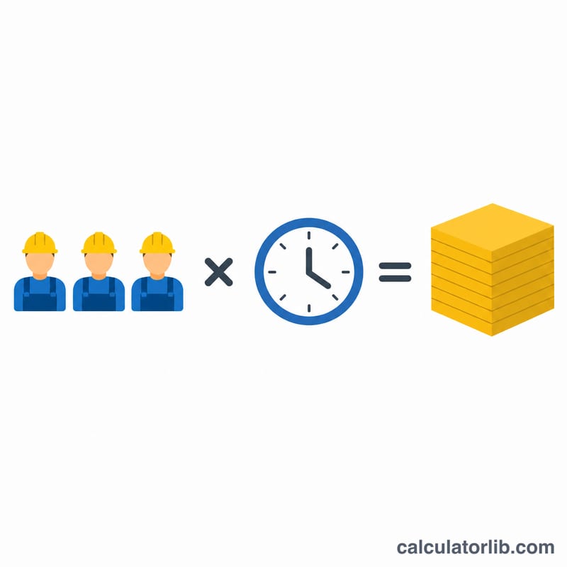 Workers multiplied by hours per worker equals total man-hours