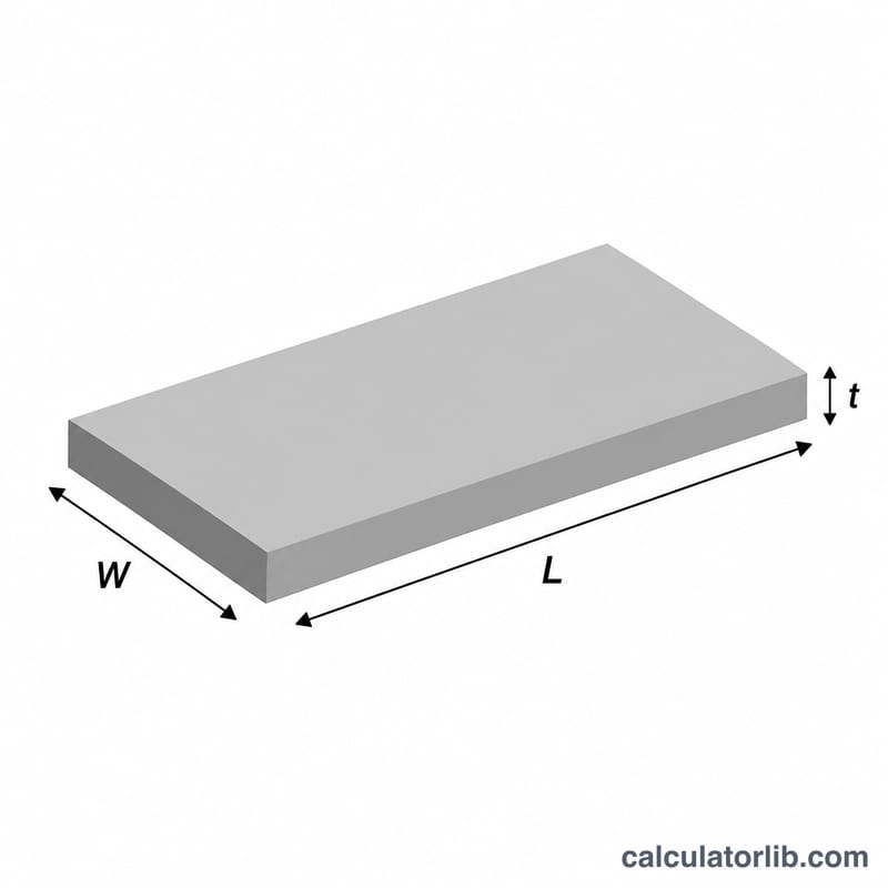 Diagram of a concrete slab showing length, width, and thickness dimensions