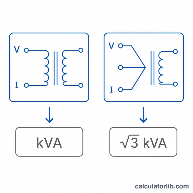 Diagrama que compara las fórmulas de dimensionamiento de transformadores monofásicos y trifásicos con voltaje y corriente