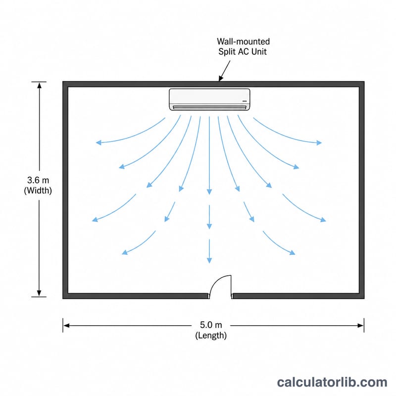 Room floor plan with dimensions and a wall-mounted air conditioner cooling the space